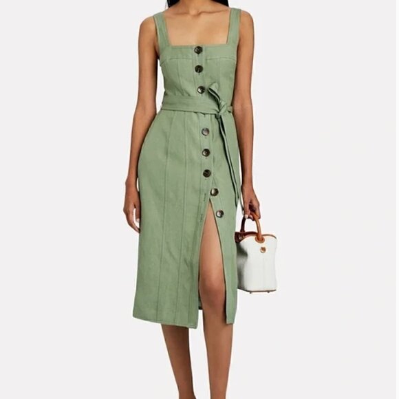 Anthropologie Dresses & Skirts - NWT C/MEO Occurrence Green Linen Blend Tie Waist Button-Up Midi Dress Size M